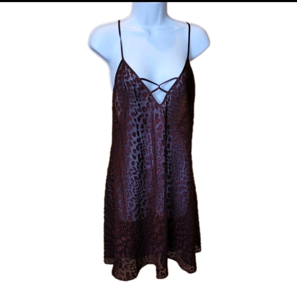 Marilyn Monroe 90s Nightie Large Mini Burnout Leopard Sheer Maroon Y2K Dress